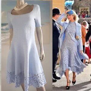 *$2,590 NEW OSCAR DE LA RENTA DRESS LIGHT BLUE KNIT LACE HEM MIDI DRESS S M